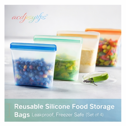 acdjsiyhfs™ Reusable Silicone Food Storage Bags – Leakproof Set (4 PCS)