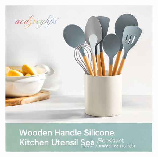 acdjsiyhfs™ Wooden Handle Silicone Kitchen Utensil Set – Heat Resistant (6 PCS)